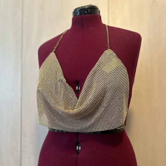 BEAUTIFUL Top Chic Crystal Golden Rhinestone Crystal Metal Mesh Backless Halter - Picture 2 of 4